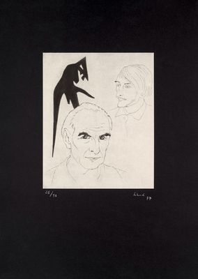 un dessin en noir et blanc représentant un homme avec un chat sur la tête