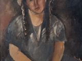 painting of a woman with a hat and braids sitting down