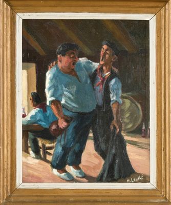 une peinture à l'huile représentant un couple en train de danser dans une grange