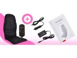 the back of a car seat with a remote control and charger