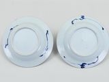 pair of blue and white plates with flowers on them on a white surface
