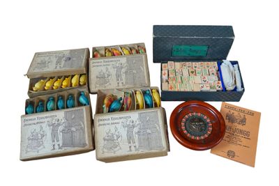 several boxes filled with various items including a clock, a clock, and other items