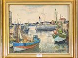 a painting of boats in a harbor with a lighthouse in the background