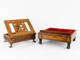 pair of antique wooden boxes with red velvet in them