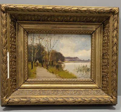 un tableau représentant un sentier menant à un plan d'eau