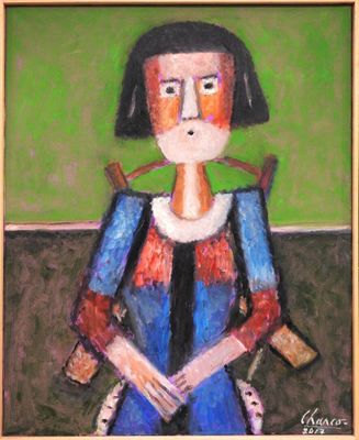 tableau représentant une femme vêtue d'une robe bleue et rouge, tenant une batte de baseball
