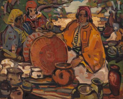 a painting of a group of people standing around a table