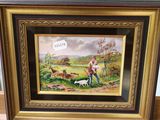 tableau représentant un homme et un chien dans un champ, avec un panneau au-dessus