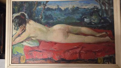 a painting of a naked woman laying on a red blanket