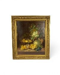 tableau représentant une nature morte composée de fruits et de fleurs, dans un cadre doré