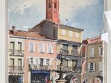 a painting of a clock tower in the middle of a town