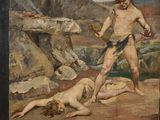 une image représentant un tableau où figurent un homme et une femme dans un paysage rocheux