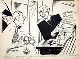 drawing of a man sitting at a table with a glass of wine in his hand and another man standing at a table with a glass of wine in his hand