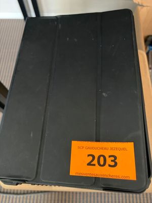 a black case with a orange sticker on it