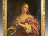 a painting of a woman holding a basket in her hand