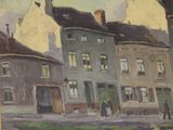 a painting of a street scene with buildings in the background
