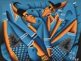 painting of two women sitting on a couch with a flower in their lap