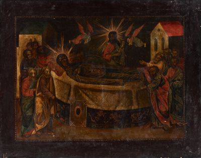 un vieux tableau représentant un groupe de personnes rassemblées autour d'une table