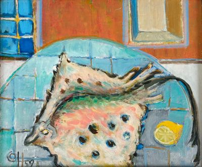 une peinture représentant un poisson dans une assiette, accompagné d'un citron