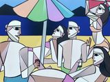 painting of a group of people sitting on a beach under an umbrella