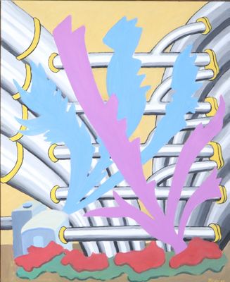 a painting of a bunch of pipes in a room
