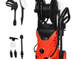 an image of a red pressurer with a hose and a cleaning brush