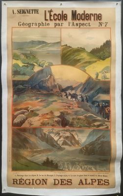 une vieille affiche représentant un groupe de personnes à cheval dans une région montagneuse