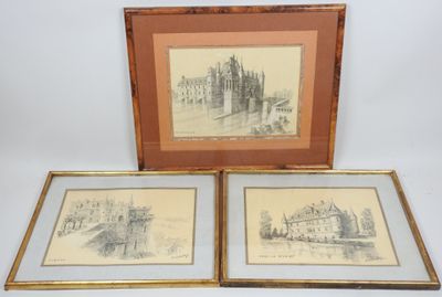 deux dessins encadrés représentant un château et un pont