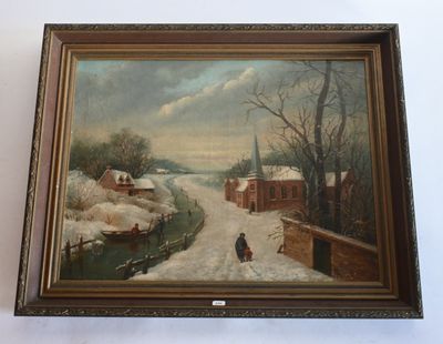 une peinture à l'huile représentant une scène hivernale avec une personne marchant sur une route enneigée