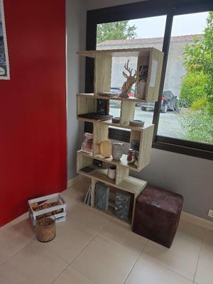 un mur rouge dans un coin d'une pièce où se trouve une bibliothèque