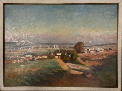 une image d'une peinture représentant une vue d'une ville depuis une colline