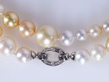 two strands of pearls with silver clasps on a white surface