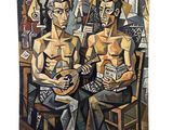 tableau représentant un homme et une femme assis sur une chaise avec une guitare