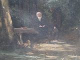a painting of a man sitting on a bench with a dog