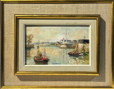 une peinture à l'huile représentant des bateaux dans un port, avec un phare en arrière-plan