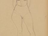 an old drawing of a woman standing with her hands on her hips