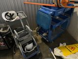 a blue cart with a chainsaw on it and a blue cart with a chainsaw on it