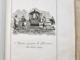 an open book with a drawing of a horse drawn carriage