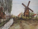 a painting of a windmill on the side of the road
