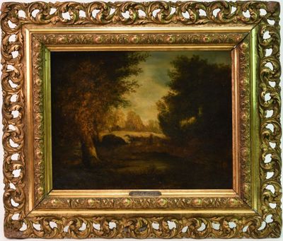un tableau représentant un paysage boisé avec du bétail paissant au loin