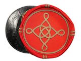 an image of a red and black hat with a celtic design