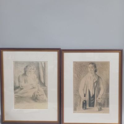 deux dessins encadrés représentant un homme et une femme assis sur un banc