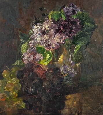 tableau représentant une nature morte avec des raisins et des bouches d'incendie dans un vase