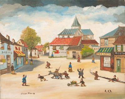 a painting of children playing in a town square