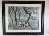 dessin représentant une fontaine dans un parc, avec des arbres et un bâtiment en arrière-plan