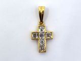 a yellow gold cross pendant with two diamonds on a white background