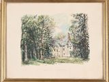 an image of a painting of a house in the woods