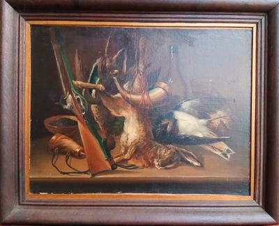 une peinture à l'huile représentant une scène de chasse avec des oiseaux morts et un fusil de chasse