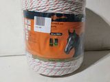 a roll of white and red rope with a horse on it