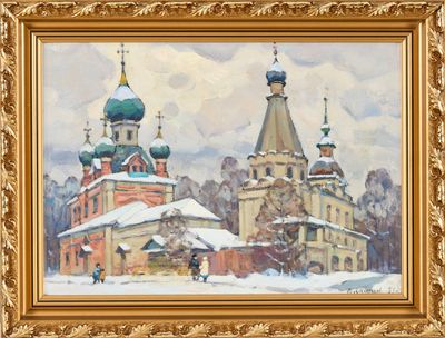 une peinture à l'huile représentant une église sous la neige, avec des passants